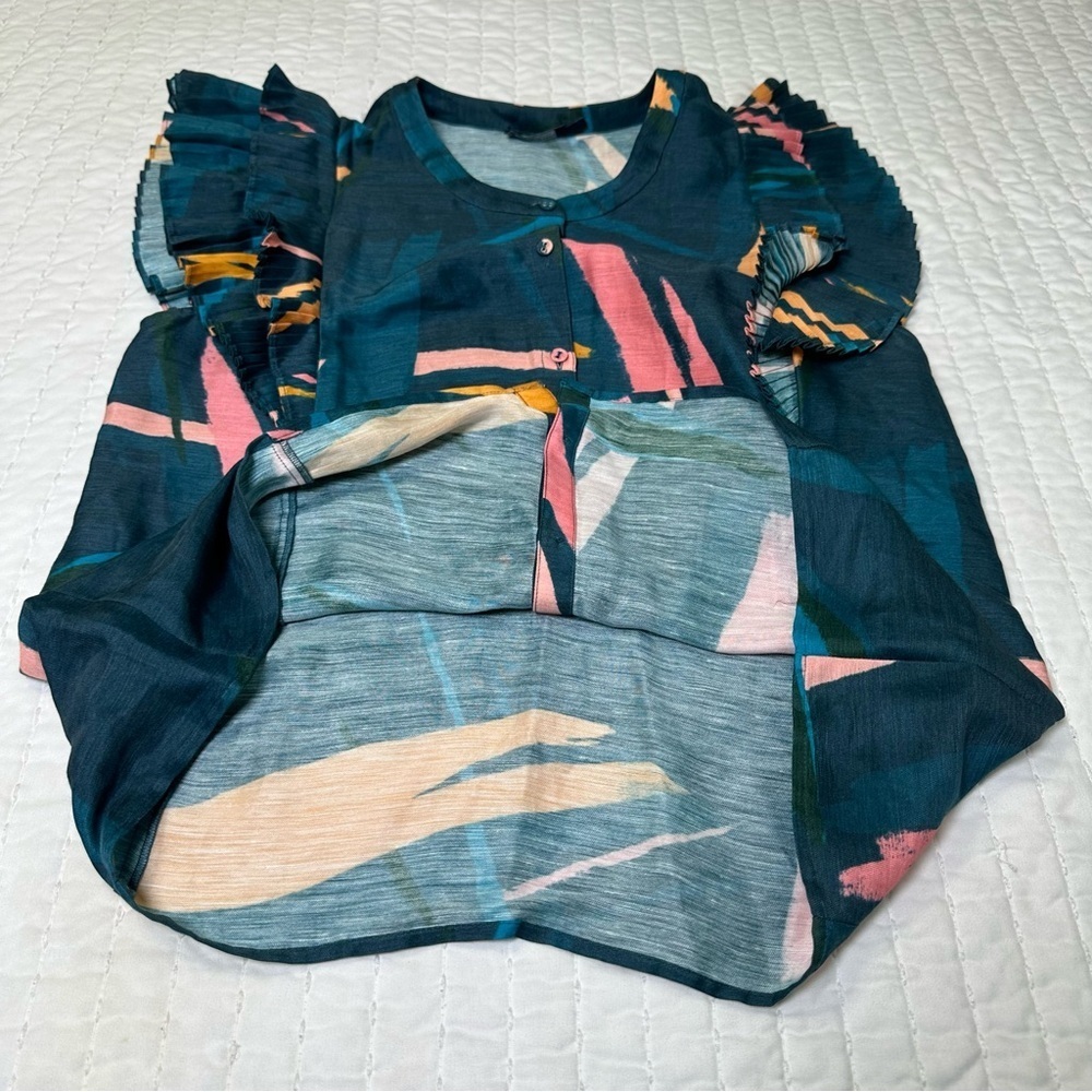 Vineyard Vines Linen Silk Blend Multicolor Ruffle Sleeve Blouse In Size S - Picture 11 of 11